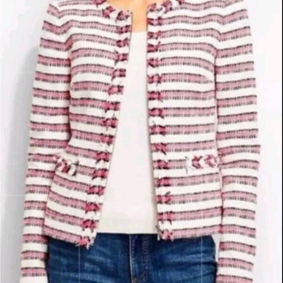 Talbots 16P Jacket Blazer Tweed White Pink Black Stripe Zip Front - Picture 1 of 11